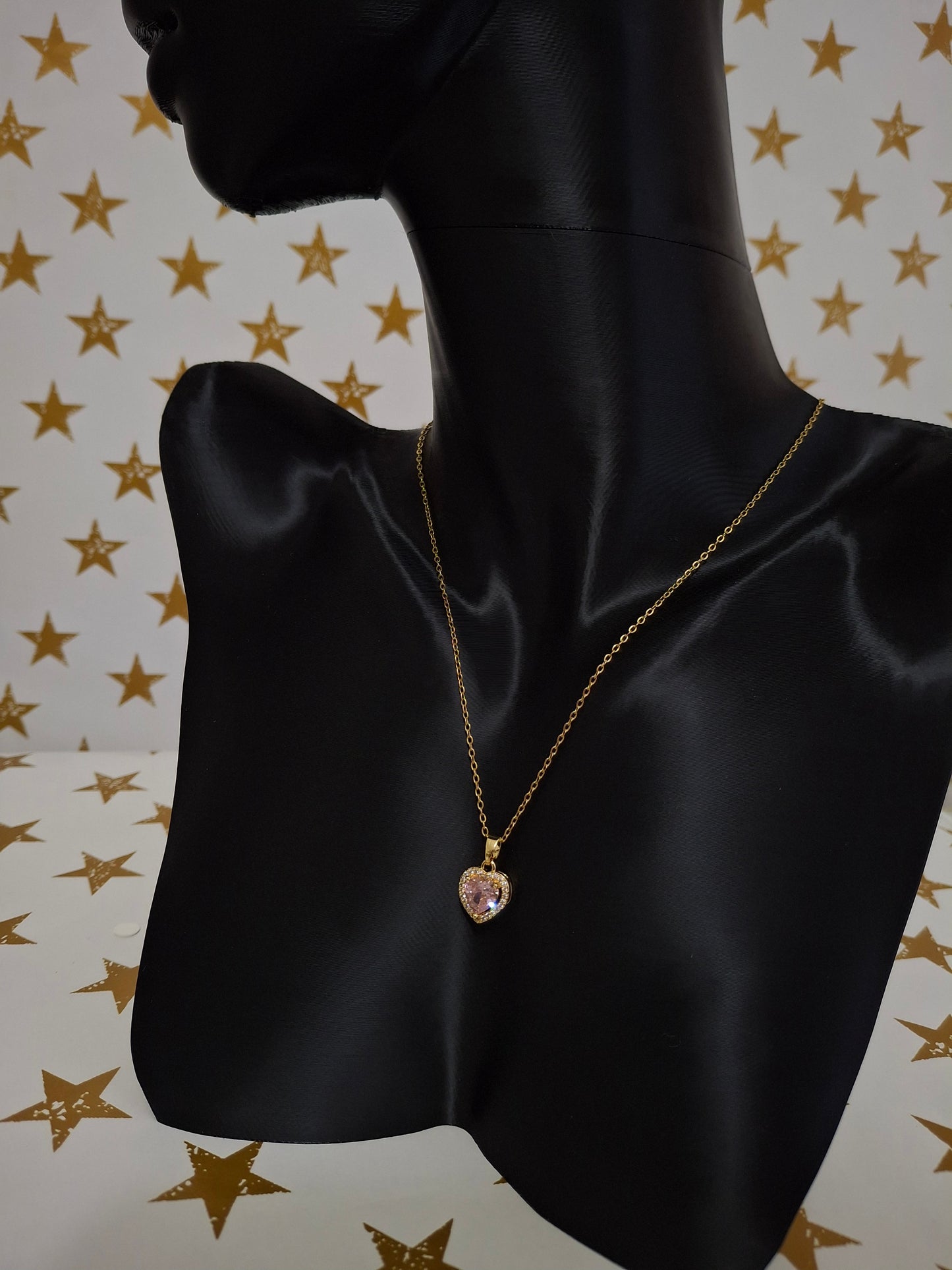 Pembe Taşlı Kalp Kolye (Gold)
