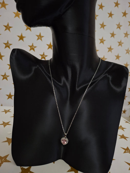 Pembe Taşlı Kalp Kolye (Silver)