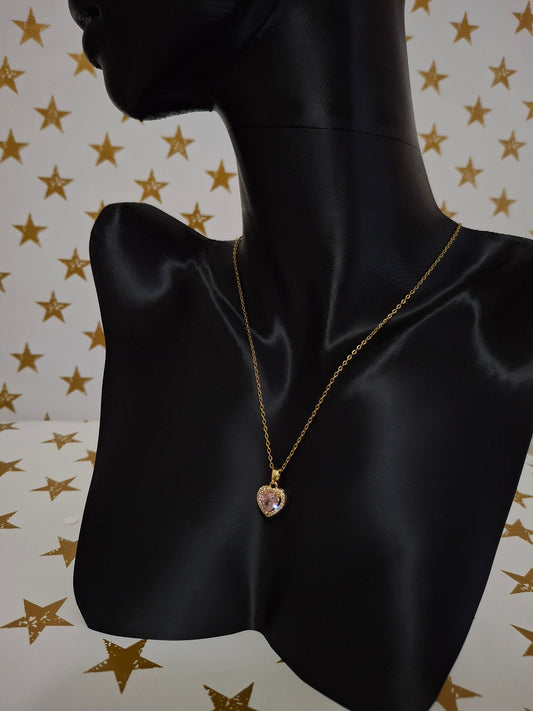 Pembe Taşlı Kalp Kolye (Gold)